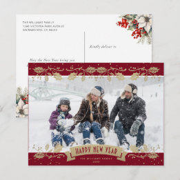 Cartes Pour Fêtes Annuelles Red Gold Holly Berries Photo Happy New Year