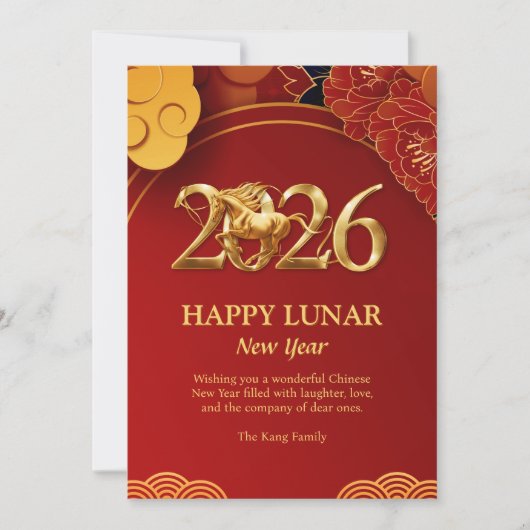 Cartes Pour Fêtes Annuelles Red Gold Moderne 2026 Cheval Chinois Lunar Nouvel (Devant)