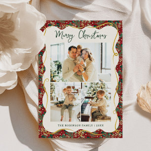 Cartes Pour Fêtes Annuelles Red Gold Wavy Frame Botanique Noël 3 Photo