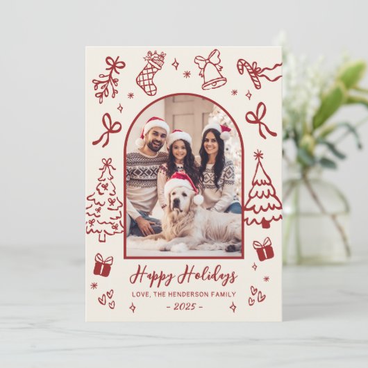 Cartes Pour Fêtes Annuelles Red Hand-Drawn Doodle Arch Photo Christmas Happy (Debout devant)