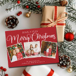 Cartes Pour Fêtes Annuelles Red Have a Very Joyry Christmas 3 Photo Collage<br><div class="desc">Festive rouge Avoir un très joyeux Noël 3 carte photo avec belle calligraphie en blanc. Cette élégante carte à trois photos de famille classique de vacances avec un script magnifique et votre nom sous le mignon collage photo carré.</div>