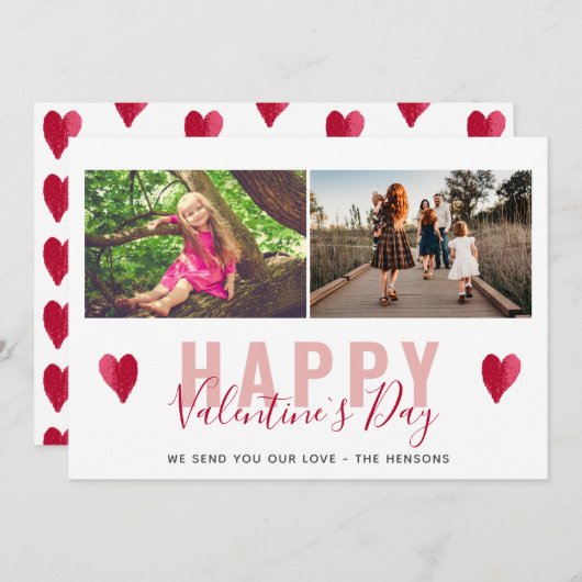 Cartes Pour Fêtes Annuelles Red Heart Valentine`s Day Script Family Photo (Devant / Derrière)