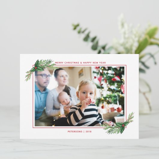 Cartes Pour Fêtes Annuelles Red Holly Bouquet Merry Christmas Family Photo (Debout devant)
