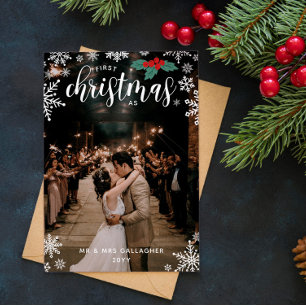 Cartes Pour Fêtes Annuelles Red Holly Snowflakes 1er Mariage de Noël Photo