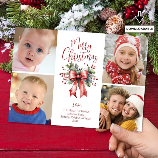 Cartes Pour Fêtes Annuelles Red Joyer Noël 4 Script photo Bow Holly