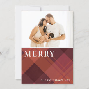 Cartes Pour Fêtes Annuelles Red Maroon Marsala Plaid 1 Photo Joyeux Noël