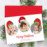 Cartes Pour Fêtes Annuelles Red Merry Christmas Photo Santa Hats<br><div class="desc">Découvrez la joie de la saison avec notre carte de vacances Joyeux Noël photo collage, avec trois de vos souvenirs préférés. Ce design simple mais mignon met en valeur la typographie rouge festive dans un script de brosse ludique, orné de casquettes du Père Noël pour une touche ludique et fantaisiste...</div>