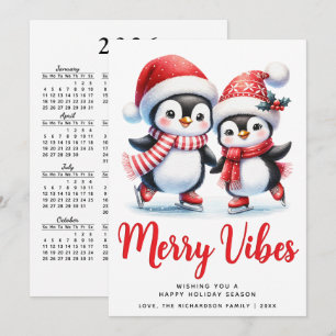 Cartes Pour Fêtes Annuelles Red Merry Vibes Patinage sur glace Pingouins Noël