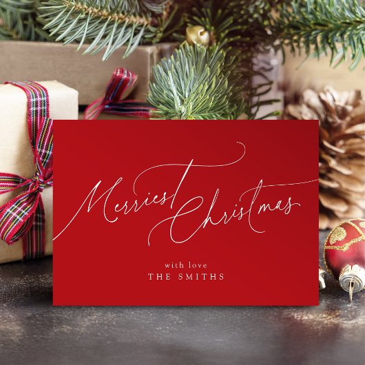 Cartes Pour Fêtes Annuelles Red Minimalist Elegant Script Merriest Christmas