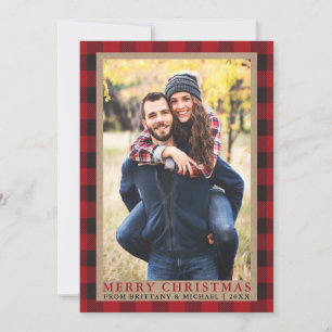 Cartes Pour Fêtes Annuelles Red Plaid Couple Photo Joyeux Noël Kraft