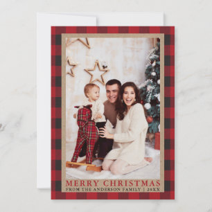 Cartes Pour Fêtes Annuelles Red Plaid Family Photo Joyeux Noël Kraft