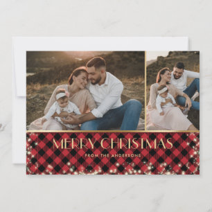 Cartes Pour Fêtes Annuelles Red Plaid Gold Sparkly Photo Joyeux Noël