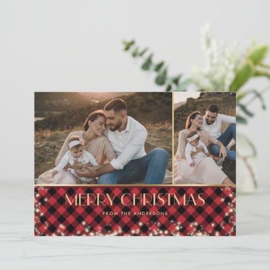 Cartes Pour Fêtes Annuelles Red Plaid Gold Sparkly Photo Joyeux Noël (Debout devant)