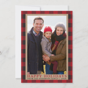 Cartes Pour Fêtes Annuelles Red Plaid Happy Holidays Famille Photo Kraft