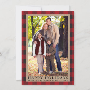 Cartes Pour Fêtes Annuelles Red Plaid Happy Holidays Kraft Photo de famille