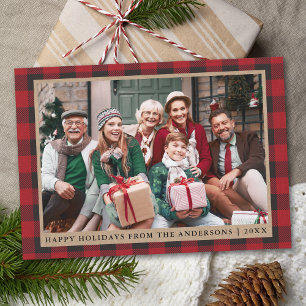 Cartes Pour Fêtes Annuelles Red Plaid Happy Holidays Kraft Photo de famille