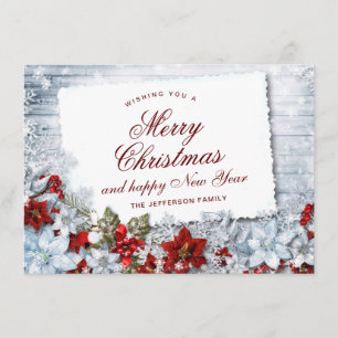 Cartes Pour Fêtes Annuelles Red Poinsettia Holly Rustic Christmas Greeting