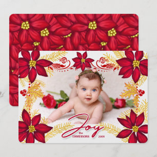 Cartes Pour Fêtes Annuelles Red Poinsettia Joie et Gold Pine avec photo