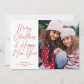 Cartes Pour Fêtes Annuelles Red Script Joyeux Noël et Bonne Année Photo (Devant)