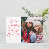 Cartes Pour Fêtes Annuelles Red Script Joyeux Noël et Bonne Année Photo (Debout devant)