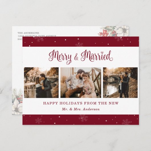 Cartes Pour Fêtes Annuelles Red Snowflake Botanical Newlywed Photo Holiday (Devant / Derrière)