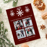 Cartes Pour Fêtes Annuelles Red Snowflake Ornements Collage photo<br><div class="desc">Célébrez la saison avec cette carte de vacances Red Snowflake Ornaments Photo Collage, conçue pour partager votre joie festive. Ce salut photo de vacances présente un agencement élégant avec des flocons de neige blancs délicats dans un décor de flocon de neige charmant, mettant en valeur un collage en quatre photos...</div>
