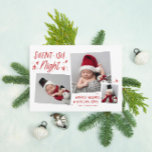Cartes Pour Fêtes Annuelles Red Stars Silent-ish Night 3 Photo Collage Bébé<br><div class="desc">Doté d'étoiles dessinées à la main,  d'une typographie fantaisiste et d'une disposition unique de 3 photos. Est accompagné d'un motif correspondant sur le dos.</div>