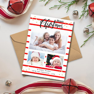 Cartes Pour Fêtes Annuelles Red Stripe Joyeux Noël 3 Photo Collage Card