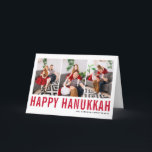 Cartes Pour Fêtes Annuelles Red Typography Happy Hanoukka Photo Collage<br><div class="desc">Heureux Hanoukka ! Carte de collage photo Happy Hanoukka personnalisable avec typographie simple rouge et motif de neige. Personnalisez en ajoutant trois photos,  noms,  année et autres détails. Cette carte Hanoukka moderne est disponible en d'autres couleurs et en carton.</div>