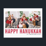 Cartes Pour Fêtes Annuelles Red Typography Photo Collage Happy Hanoukka<br><div class="desc">Heureux Hanoukka ! Carte postale personnalisable Happy Hanoukka avec typographie simple rouge et motif de neige. Personnalisez en ajoutant trois photos,  noms,  année et autres détails. Cette carte postale Hanoukka moderne est disponible en d'autres couleurs et en carton.</div>