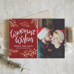 Cartes Pour Fêtes Annuelles Red Warmest Wages Moderne Calligraphie Photo<br><div class="desc">Envoyez vos voeux les plus chaleureux à vos amis et à votre famille avec cette carte de Noël personnalisable. Cette carte de vacances photo présente une calligraphie moderne avec des accents de feuillage. Personnalisez en ajoutant vos détails. Cette carte de Noël personnalisée est disponible en d'autres couleurs et en carton....</div>