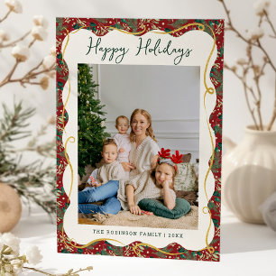 Cartes Pour Fêtes Annuelles Red Wavy Frame Botanical Joyeux Vacances 1 Photo