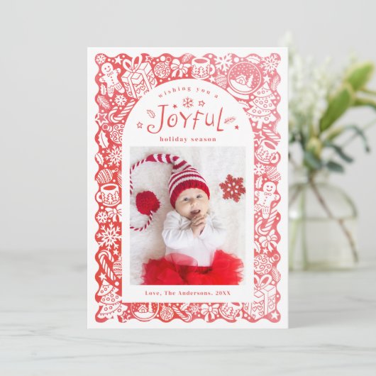 Cartes Pour Fêtes Annuelles Red Whimsical Hand Drawn Joyful Holiday Photo (Debout devant)