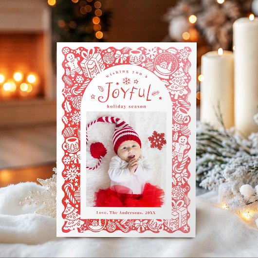 Cartes Pour Fêtes Annuelles Red Whimsical Hand Drawn Joyful Holiday Photo