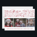 Cartes Pour Fêtes Annuelles Red White Modern Christma Winter Icons<br><div class="desc">This simple,  moderne,  photo collage card fesimple line illustrations of our favorite holiday things. Editable text and customizable colors for the illustrations and background allow this card to be design to perfectly fit you and your family.</div>