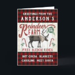 Cartes Pour Fêtes Annuelles Reindeer Farm Russe Vintage Farmhouse Nom personna<br><div class="desc">Célébrez Noël avec ces cartes de voeux personnalisées de ferme de rennes. Cette affiche vintage indique : "Salutations de la ferme de rennes (Votre nom) / Propriété familiale / Balades en traîneau gratuites / Charbon Chaud - Couvertures - Caroling - Rencontrez Père Noël". Tous les textes peuvent être customisés par...</div>