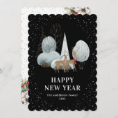 Cartes Pour Fêtes Annuelles Reindeer Snowy Forest Black New Year Card (Devant / Derrière)