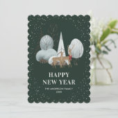 Cartes Pour Fêtes Annuelles Reindeer Snowy Forest Green New Year Card (Debout devant)
