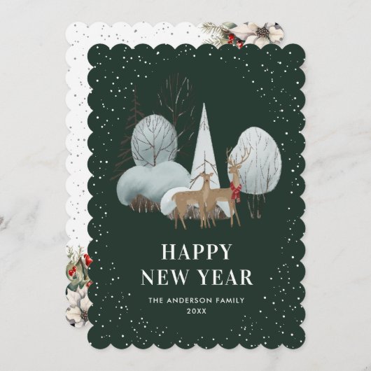 Cartes Pour Fêtes Annuelles Reindeer Snowy Forest Green New Year Card (Devant / Derrière)