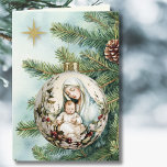 Cartes Pour Fêtes Annuelles Religieuse Mère Marie Jésus Aquarelle Noël<br><div class="desc">Doté d'une image religieuse de la Bienheureuse Mère Marie et Bébé Jésus sur un ornement de Noël accroché à des branches à feuillage persistant accentuées par l'Étoile de l'Orient.</div>