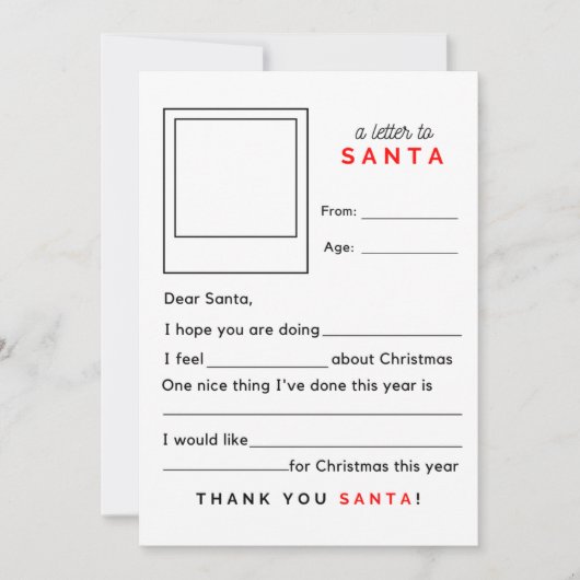 Cartes Pour Fêtes Annuelles Remplissez en blanc une lettre à Père Noël (Devant)