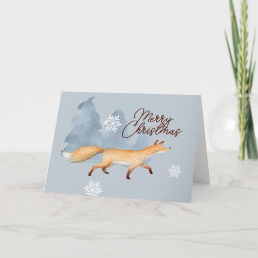Cartes Pour Fêtes Annuelles Renard dans la neige Noël aquarelle Forêt Bleu (Devant)