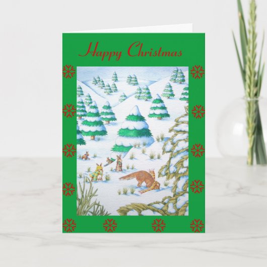 Cartes Pour Fêtes Annuelles renard mignon et lapin scène de neige de noël (Devant)