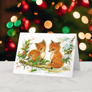Cartes Pour Fêtes Annuelles Renardeaux de Noël & Mésanges Amis de la Forêt