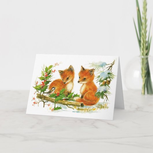 Cartes Pour Fêtes Annuelles Renards et oiseau de Noël de bébé avec le houx (Devant)