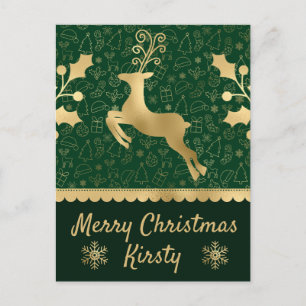 Cartes Pour Fêtes Annuelles Renne et houx de Noël en feuille dorée verte