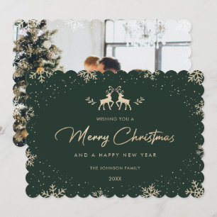 Cartes Pour Fêtes Annuelles Renne Photographie Flocon de Neige en Or Vert