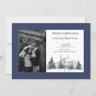Cartes Pour Fêtes Annuelles Renneau d'hiver à l'aquarelle   Photo bleue