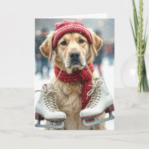 Cartes Pour Fêtes Annuelles Retriever d'or de Noël avec patins à glace