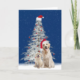 Cartes Pour Fêtes Annuelles Retrivers d'or de Noël avec arbre blanc